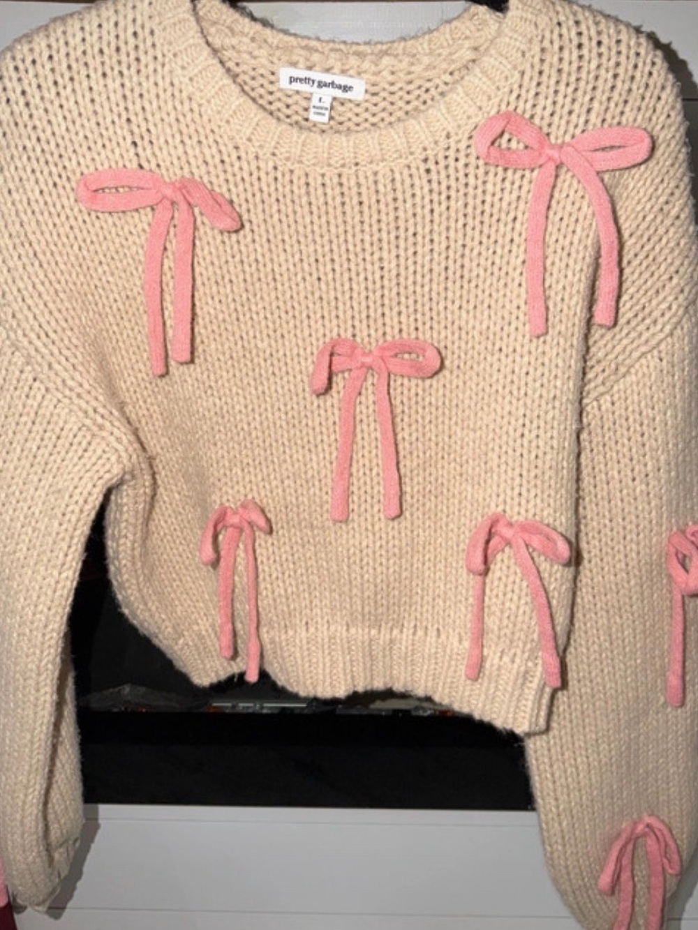Pretty Garbage Cream Crewneck Sweater with Pink Bow Details